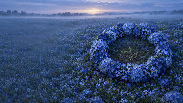 Mist-covered meadow with a glowing ring of forget-me-not flowers at dawn