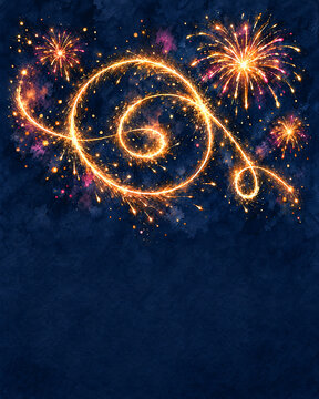 Watercolor background with glowing sparklers and festive fireworks at night
