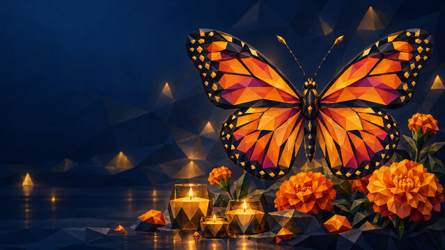 Low poly monarch butterfly with marigold flowers and glowing candles