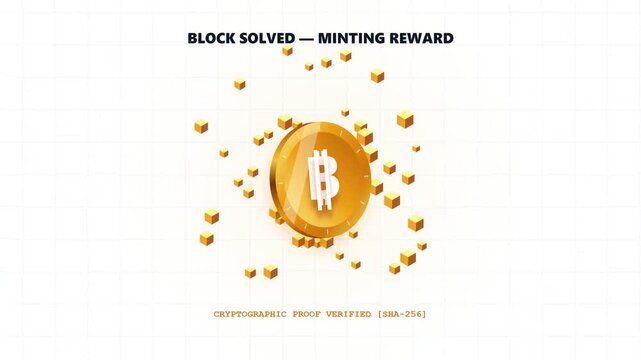 Bitcoin Blockchain Mining Process Animation with Cryptocurrency Transaction Reward Concept