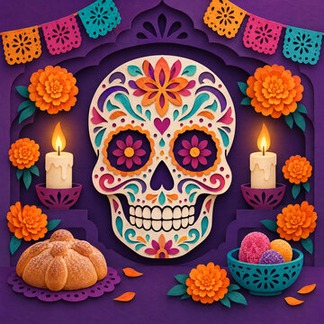 Papercut Day of the Dead sugar skull with marigolds and candles