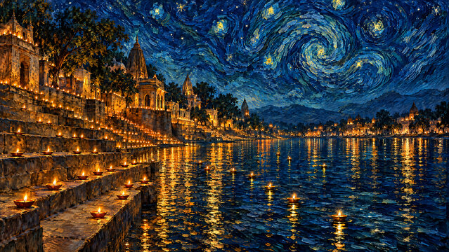 Diwali celebration along river ghats with oil lamps in post impressionist style