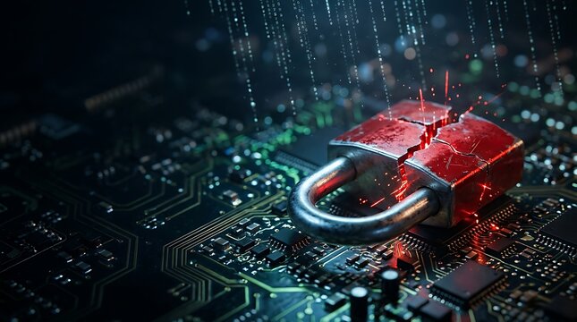 Damaged red padlock with glowing cracks resting on computer circuit board with digital matrix code streaming upward illustrating severe data security breach