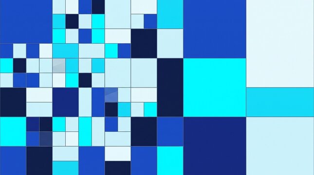 Abstract geometric background pattern with modular grid of colorful blue and cyan square blocks.