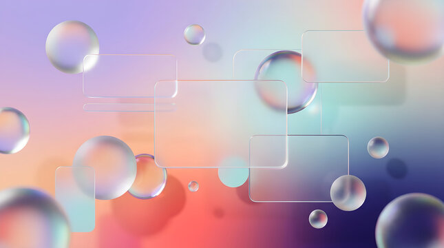 Floating transparent glass cards and 3d spheres with soft gradient background for modern digital interface.