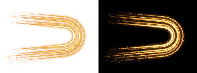 Golden U turn light trail sweeping into a curved loop with sparkling dust developed for PNG, Transparent and Black Background Versions in luxury design © Shadowfax