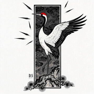 Woodcut‑Style Red‑Crowned Crane On Pine Branch