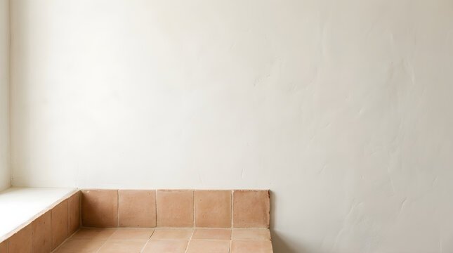 Minimalist white plaster wall with terracotta tile ledge corner providing clean copy space for product presentation.