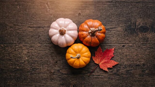 Overhead shot of three colorful pumpkins and an autumn leaf on wood