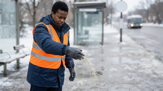 Municipal worker spreading deicing salt on icy sidewalk near bus stop. City service employee in high visibility vest maintaining public safety in winter