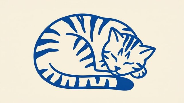 Blue minimalist line art animation of a cute sleeping cat curled up