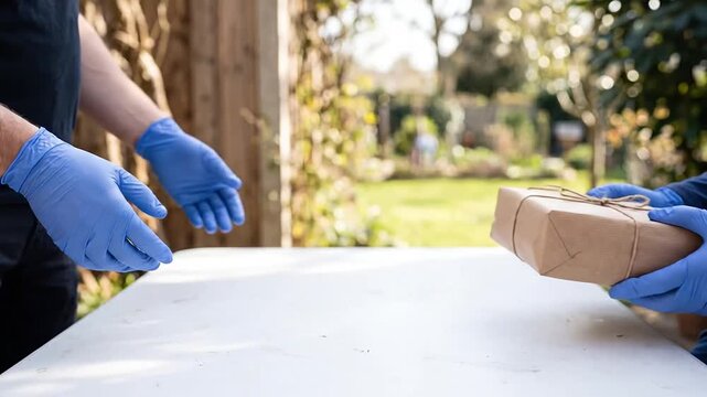 Courier wearing blue gloves handing a parcel package over a table