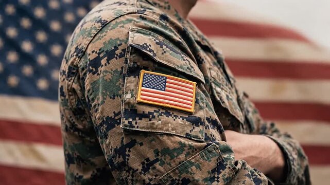 Soldier in camouflage uniform with flag patch standing indoors