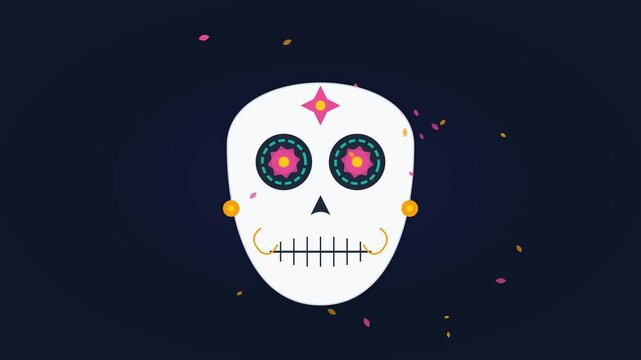 Stylized Dia De Los Muertos Calavera Skull Mask with Rotating Floral Eyes and Floating Marigold Petals for Mexican Cultural