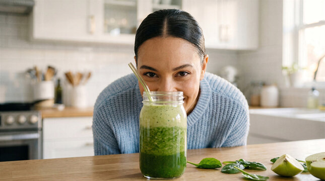 Young woman smiling behind a glass of fresh green smoothie in a bright kitchen