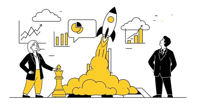 Business animation featuring rocket launch and chess piece strategy