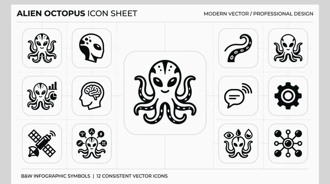 Alien Octopus Icon Set: Sci-Fi, Technology, Brain, Communication, Satellite, Gear Icons