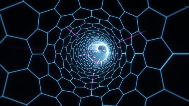 Flying through hexagon grid data tunnel with light gates seamless loop