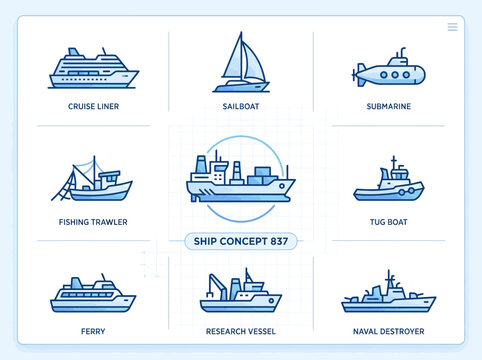 Collection of diverse ship types and vessels, flat design icons, concept art, marine transportation, nautical theme