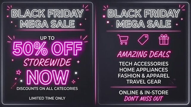Promotional video displaying a mega sale event with glowing neon text
