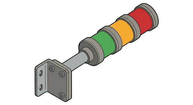 Industrial tower signal light with red yellow green LED stack modules and pole mount. Factory machine status and Andon indicator vector illustration