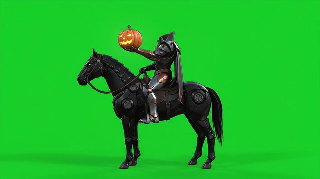 3D cel shaded cyber gothic headless horseman on robotic horse green screen 