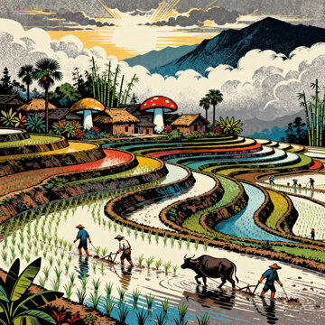 Colorful Woodcut Print Of Terraced Rice Paddy Farmland