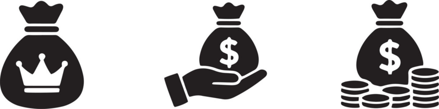 Black money bag with crown symbolizing royalty and wealth for business presentations