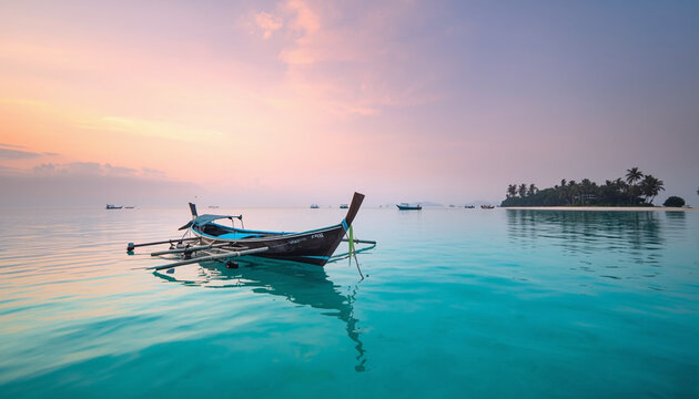 Traditional wooden outrigger boat on calm turquoise water at dawn with tropical island on the horizon