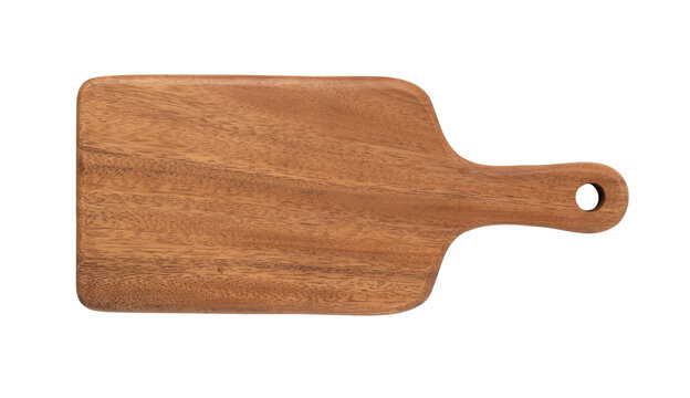Empty wooden cutting board with handle top view isolated on transparent background