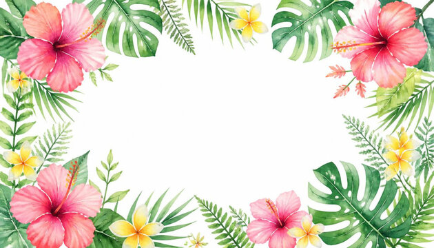 Watercolor tropical frame with monstera leaves, hibiscus and plumeria on white background, summer card design
