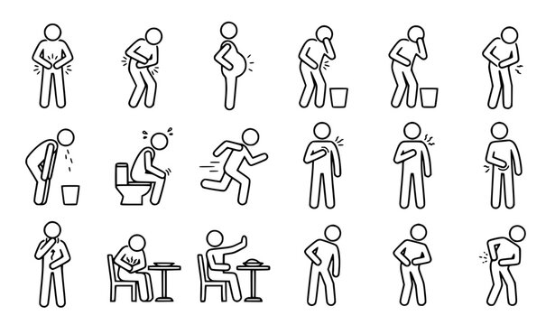 Black Outline Stick Figure Icons for Gastrointestinal Disorders and Symptoms