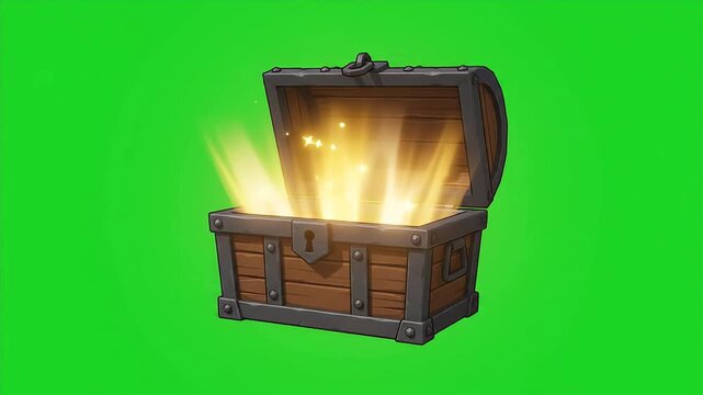 3D cel shaded opening treasure chest on green screen 