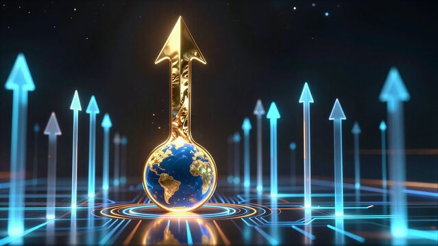 Golden arrow points upward from globe, surrounded by blue arrows on digital circuitry.