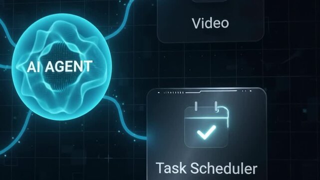 Dark UI assistant dashboard showing central AI agent connecting to automation video and scheduler