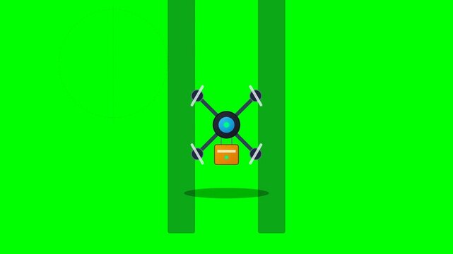 Flat design vector illustration of an automated delivery drone carrying a parcel package for shipping logistics and e-commerce on a green background