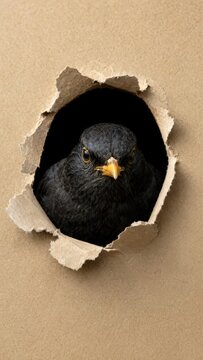 Blackbird looking through a hole in cardboard paper