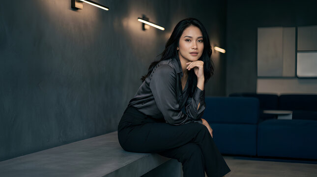 Sophisticated business woman sitting in a minimalist modern interior
