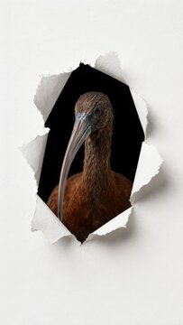 Ibis bird looking through a torn hole in white paper