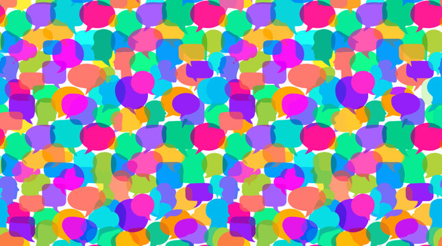Seamless Pattern of Overlapping Colorful Speech Bubbles with People &ndash; Communication, Dialogue and Diversity Vector Background
