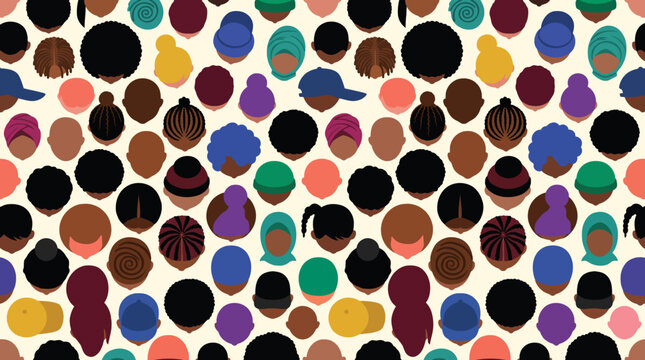 Seamless Pattern of Diverse Hairstyles Seen From Above &ndash; Top View Heads, Inclusion and Community Vector Background