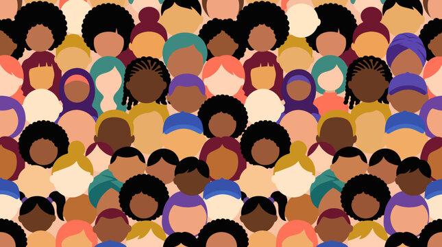 Seamless Pattern of Round Faces with Diverse Hairstyles and Skin Tones &ndash; Inclusion and Community Vector Background
