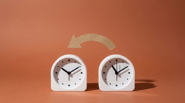 Two white alarm clocks showing one hour difference under a cardboard arrow on orange background. Fall back time change concept. Daylight saving time end and clock change.
