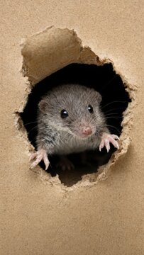 Shrew looking out from a hole in a cardboard box
