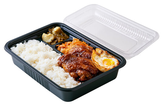 Delicious bento box lunch meal container featuring grilled chicken white rice fried egg transparent png background offers happy satisfying gourmet dining experience anytime