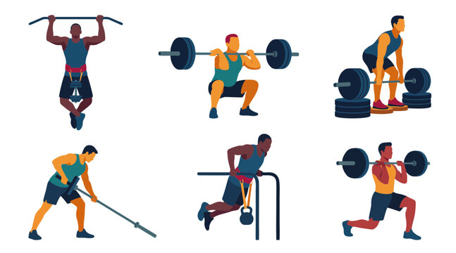 Fitness vector illustration set showing men doing weightlifting and strength training exercises inside gym