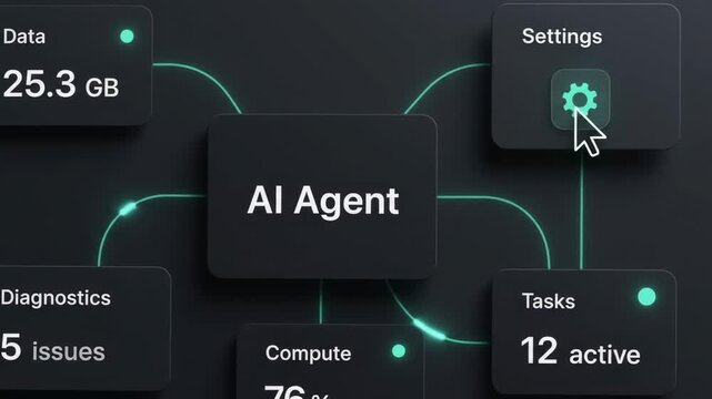 AI agent metrics dashboard showing data diagnostics active tasks compute load and settings