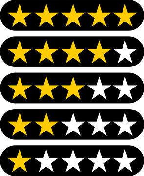 Five rows of rating stars, with the top row showing five gold stars and subsequent rows decreasing the number of gold stars and increasing the number of white stars.