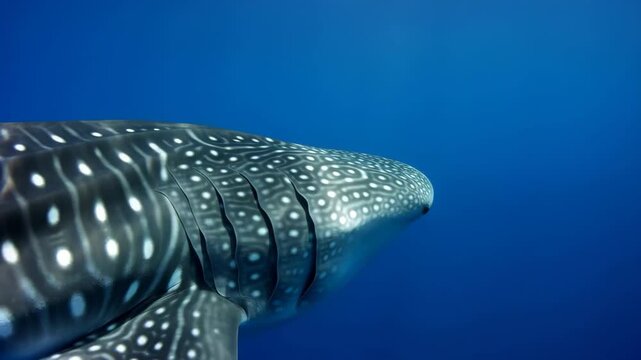 Whale shark close up gliding through blue ocean water 60 FPS underwater tracking shot