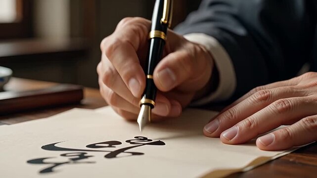 Calligrapher writing elegantly with a fountain pen, close-up of hand practicing calligraphy on paper, artistic handwriting hobby, photorealistic